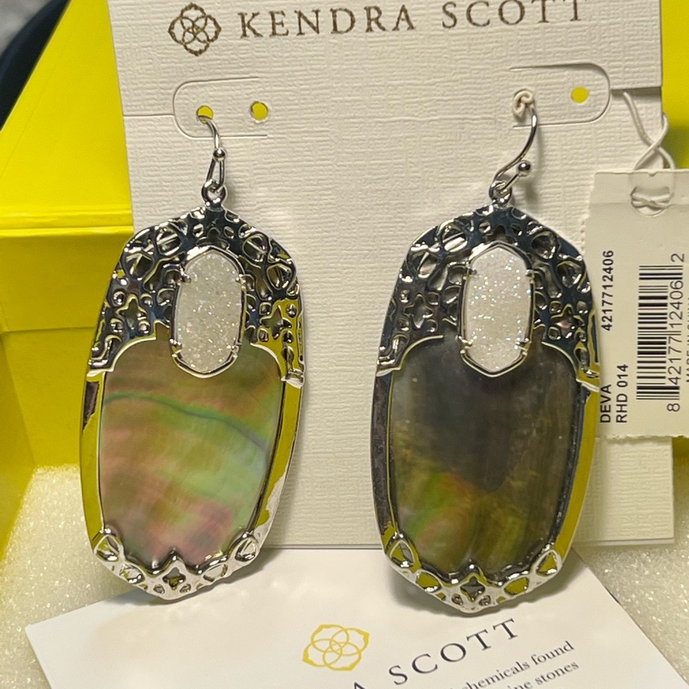 NWT Kendra Scott Deva Earrings Black Pearl Iridescent Drusy & Silver SUPER RARE - Picture 6 of 16